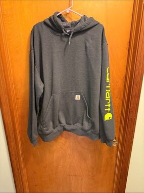 Carhartt Dark Gray Hooded Sweatshirt with Neon Yellow Sleeve Logo